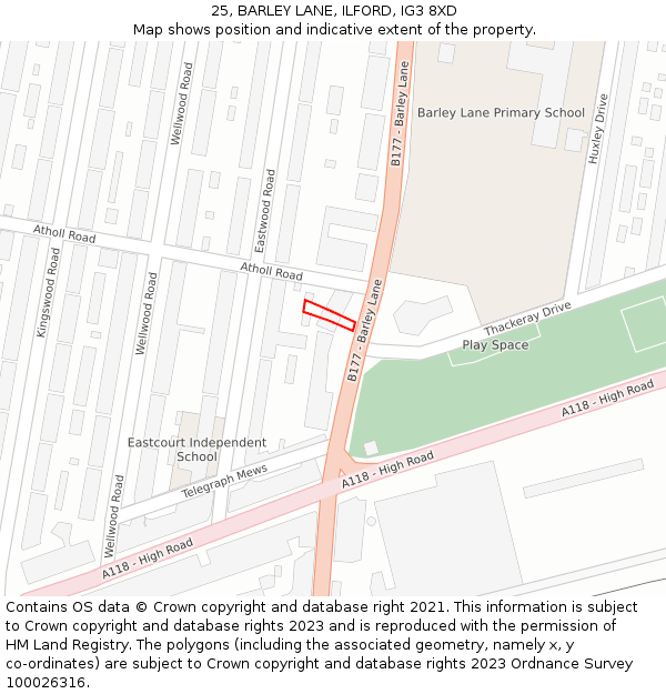 25, BARLEY LANE, ILFORD, IG3 8XD: Location map and indicative extent of plot