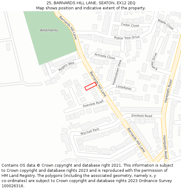 25, BARNARDS HILL LANE, SEATON, EX12 2EQ: Location map and indicative extent of plot