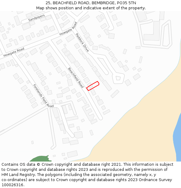 25, BEACHFIELD ROAD, BEMBRIDGE, PO35 5TN: Location map and indicative extent of plot