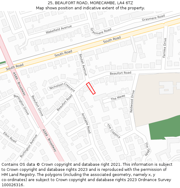 25, BEAUFORT ROAD, MORECAMBE, LA4 6TZ: Location map and indicative extent of plot
