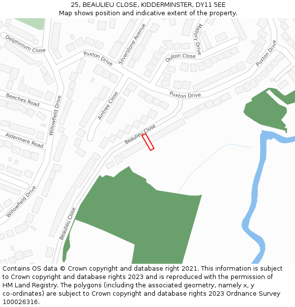 25, BEAULIEU CLOSE, KIDDERMINSTER, DY11 5EE: Location map and indicative extent of plot