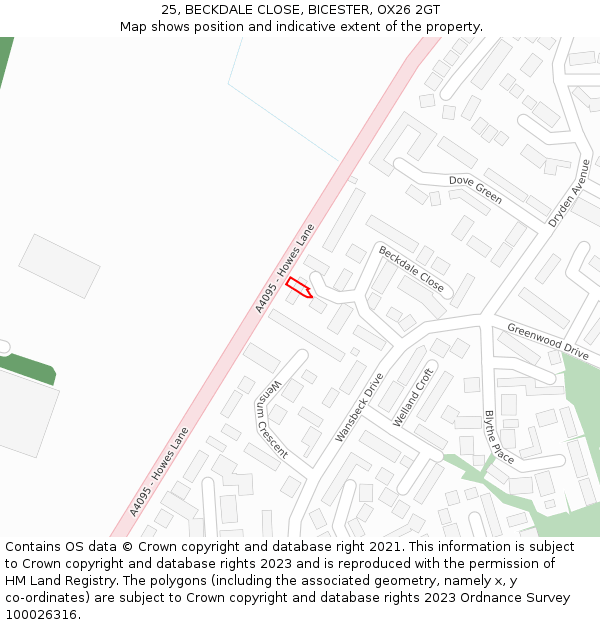 25, BECKDALE CLOSE, BICESTER, OX26 2GT: Location map and indicative extent of plot