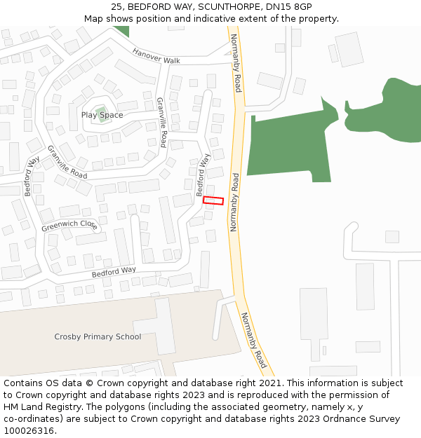 25, BEDFORD WAY, SCUNTHORPE, DN15 8GP: Location map and indicative extent of plot