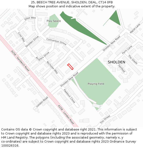 25, BEECH TREE AVENUE, SHOLDEN, DEAL, CT14 0FB: Location map and indicative extent of plot
