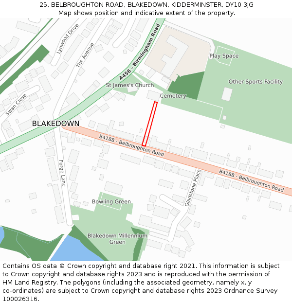 25, BELBROUGHTON ROAD, BLAKEDOWN, KIDDERMINSTER, DY10 3JG: Location map and indicative extent of plot