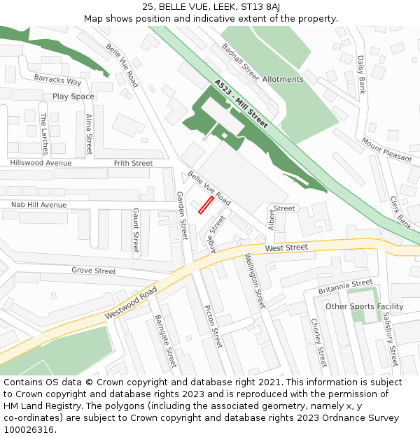 25, BELLE VUE, LEEK, ST13 8AJ: Location map and indicative extent of plot
