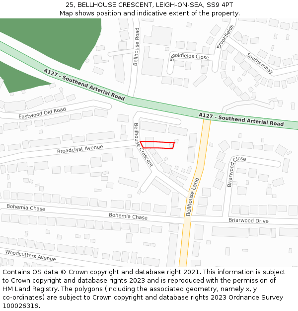 25, BELLHOUSE CRESCENT, LEIGH-ON-SEA, SS9 4PT: Location map and indicative extent of plot