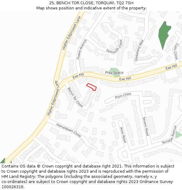 25, BENCH TOR CLOSE, TORQUAY, TQ2 7SH: Location map and indicative extent of plot