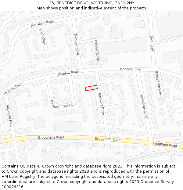 25, BENEDICT DRIVE, WORTHING, BN11 2NY: Location map and indicative extent of plot