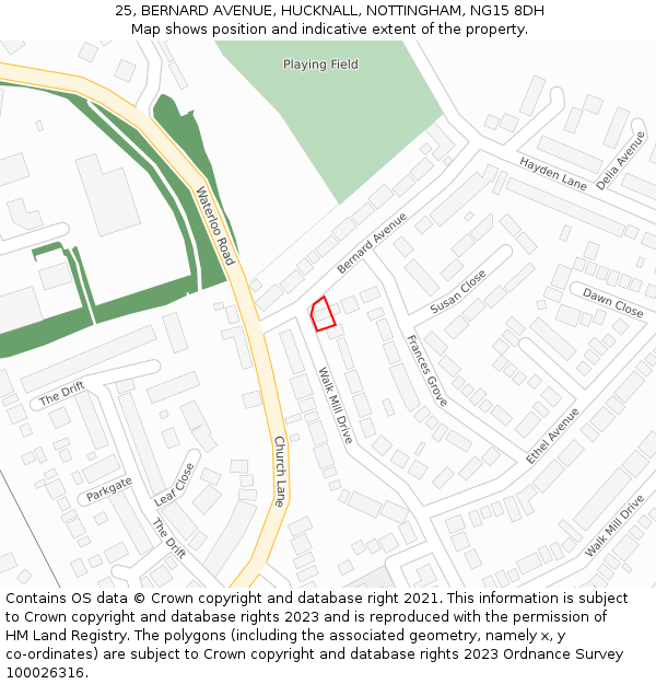 25, BERNARD AVENUE, HUCKNALL, NOTTINGHAM, NG15 8DH: Location map and indicative extent of plot