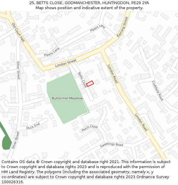 25, BETTS CLOSE, GODMANCHESTER, HUNTINGDON, PE29 2YA: Location map and indicative extent of plot