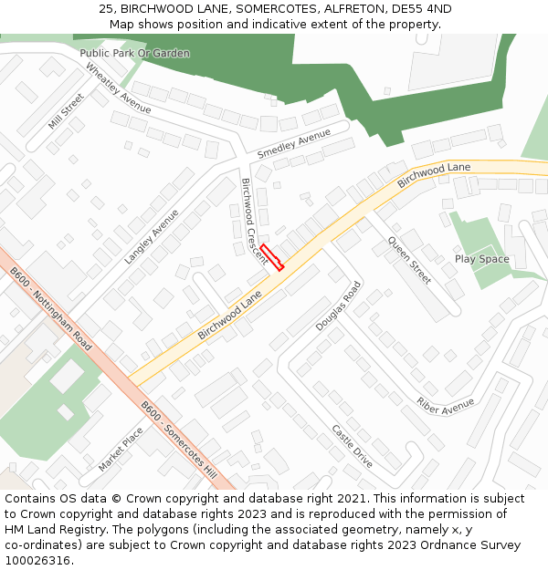 25, BIRCHWOOD LANE, SOMERCOTES, ALFRETON, DE55 4ND: Location map and indicative extent of plot