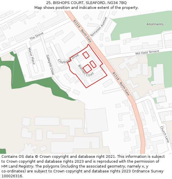 25, BISHOPS COURT, SLEAFORD, NG34 7BQ: Location map and indicative extent of plot