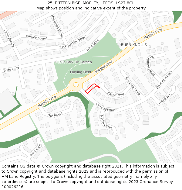 25, BITTERN RISE, MORLEY, LEEDS, LS27 8GH: Location map and indicative extent of plot