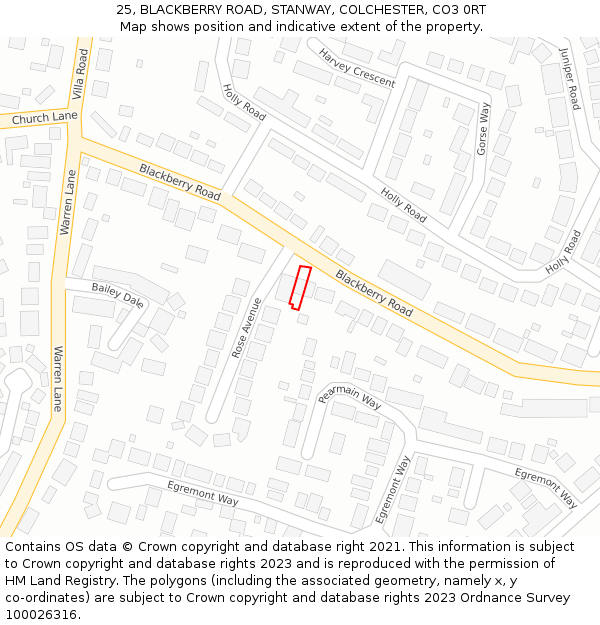 25, BLACKBERRY ROAD, STANWAY, COLCHESTER, CO3 0RT: Location map and indicative extent of plot