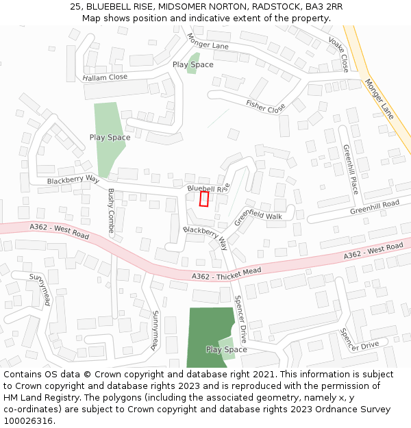 25, BLUEBELL RISE, MIDSOMER NORTON, RADSTOCK, BA3 2RR: Location map and indicative extent of plot
