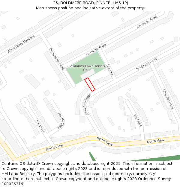 25, BOLDMERE ROAD, PINNER, HA5 1PJ: Location map and indicative extent of plot