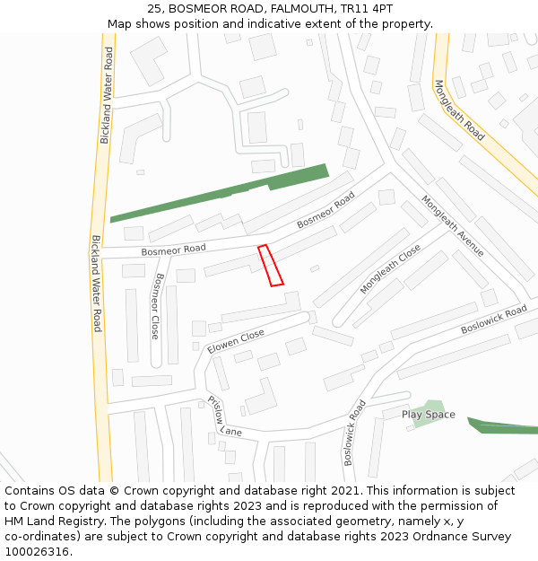 25, BOSMEOR ROAD, FALMOUTH, TR11 4PT: Location map and indicative extent of plot