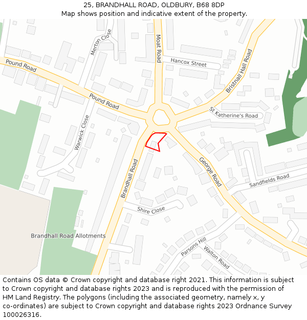 25, BRANDHALL ROAD, OLDBURY, B68 8DP: Location map and indicative extent of plot