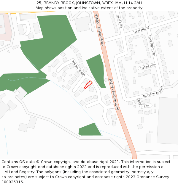 25, BRANDY BROOK, JOHNSTOWN, WREXHAM, LL14 2AH: Location map and indicative extent of plot