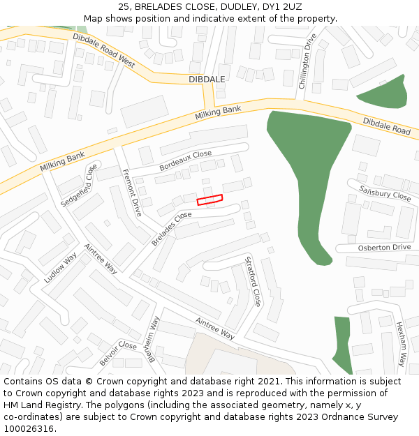 25, BRELADES CLOSE, DUDLEY, DY1 2UZ: Location map and indicative extent of plot
