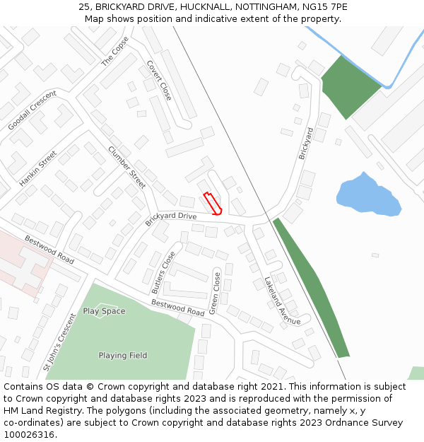 25, BRICKYARD DRIVE, HUCKNALL, NOTTINGHAM, NG15 7PE: Location map and indicative extent of plot