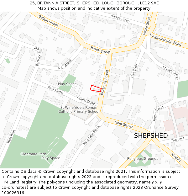 25, BRITANNIA STREET, SHEPSHED, LOUGHBOROUGH, LE12 9AE: Location map and indicative extent of plot