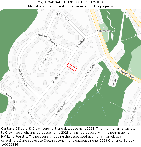 25, BROADGATE, HUDDERSFIELD, HD5 8HR: Location map and indicative extent of plot