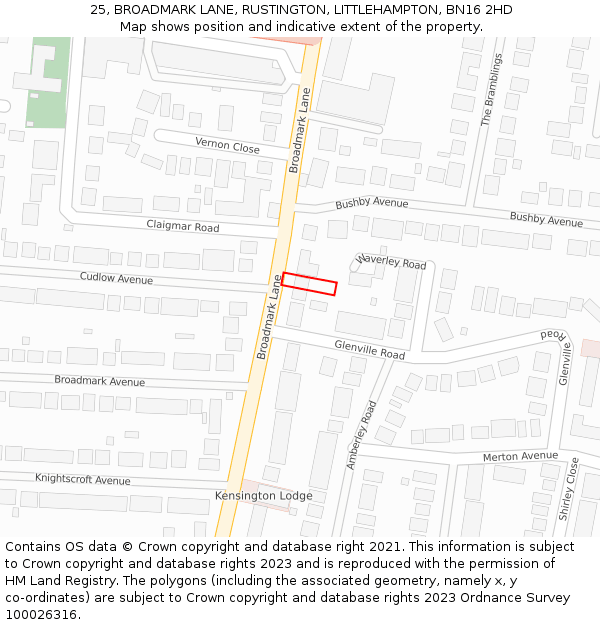 25, BROADMARK LANE, RUSTINGTON, LITTLEHAMPTON, BN16 2HD: Location map and indicative extent of plot
