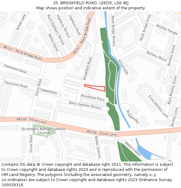 25, BROOKFIELD ROAD, LEEDS, LS6 4EJ: Location map and indicative extent of plot