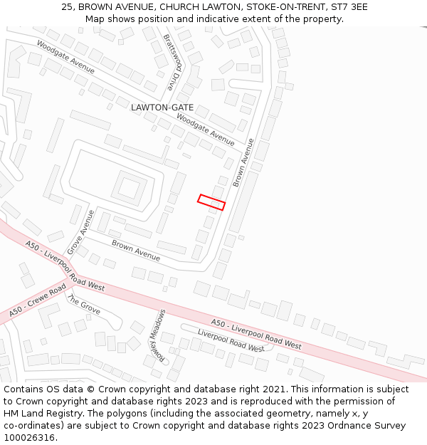 25, BROWN AVENUE, CHURCH LAWTON, STOKE-ON-TRENT, ST7 3EE: Location map and indicative extent of plot