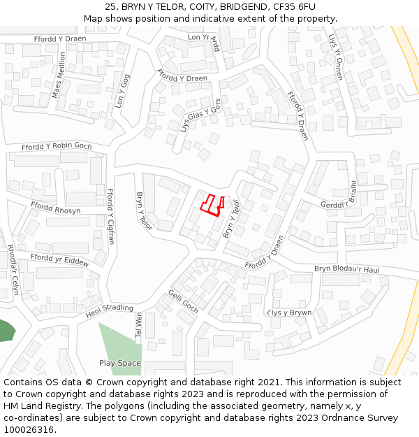 25, BRYN Y TELOR, COITY, BRIDGEND, CF35 6FU: Location map and indicative extent of plot