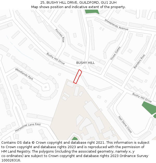 25, BUSHY HILL DRIVE, GUILDFORD, GU1 2UH: Location map and indicative extent of plot