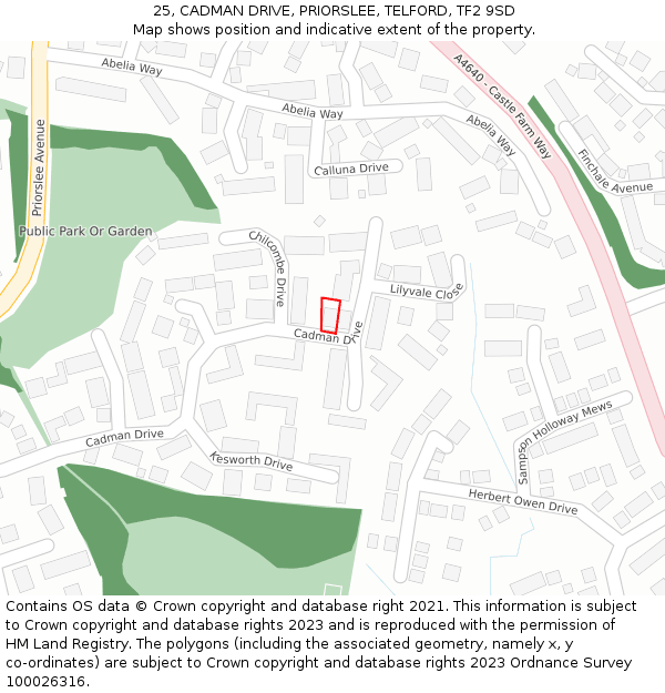 25, CADMAN DRIVE, PRIORSLEE, TELFORD, TF2 9SD: Location map and indicative extent of plot