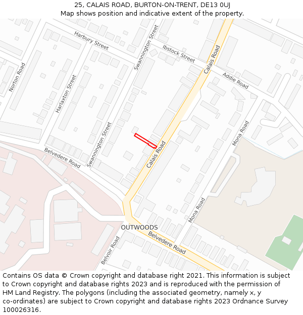 25, CALAIS ROAD, BURTON-ON-TRENT, DE13 0UJ: Location map and indicative extent of plot