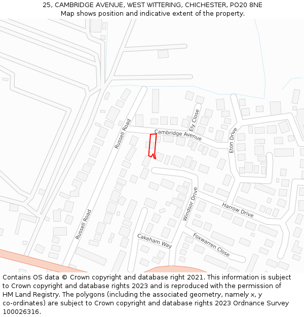 25, CAMBRIDGE AVENUE, WEST WITTERING, CHICHESTER, PO20 8NE: Location map and indicative extent of plot