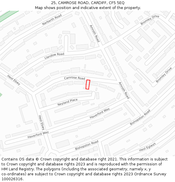 25, CAMROSE ROAD, CARDIFF, CF5 5EQ: Location map and indicative extent of plot
