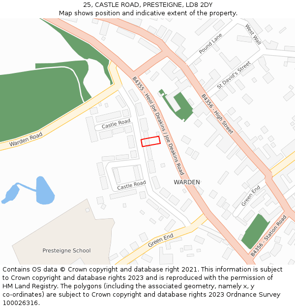 25, CASTLE ROAD, PRESTEIGNE, LD8 2DY: Location map and indicative extent of plot