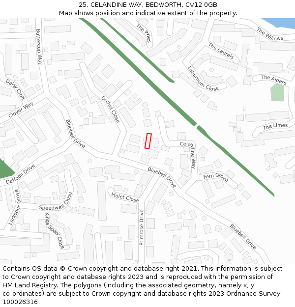 25, CELANDINE WAY, BEDWORTH, CV12 0GB: Location map and indicative extent of plot