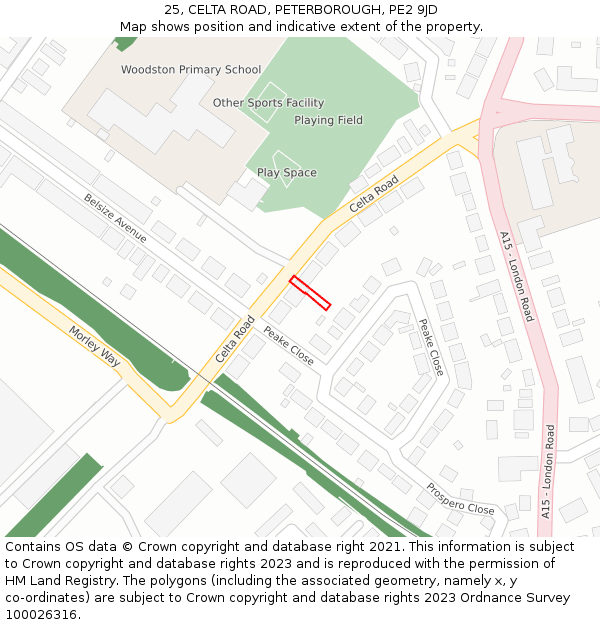 25, CELTA ROAD, PETERBOROUGH, PE2 9JD: Location map and indicative extent of plot