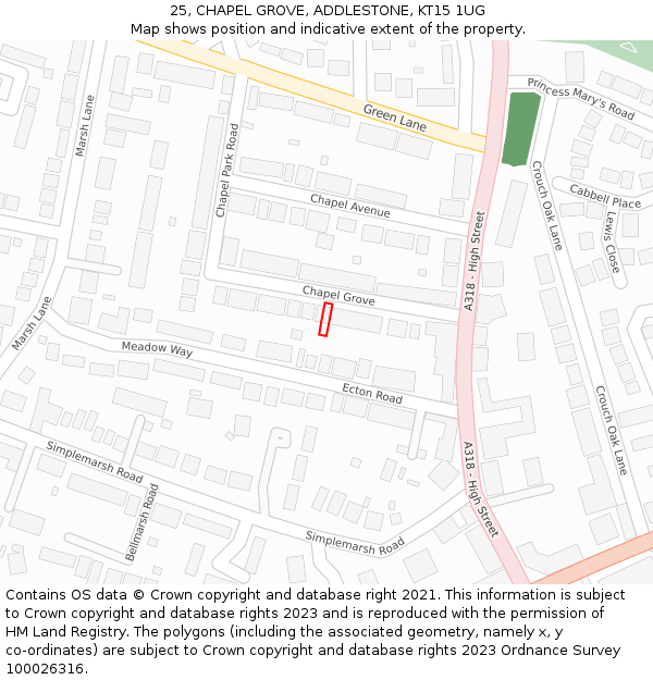 25, CHAPEL GROVE, ADDLESTONE, KT15 1UG: Location map and indicative extent of plot