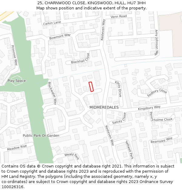 25, CHARNWOOD CLOSE, KINGSWOOD, HULL, HU7 3HH: Location map and indicative extent of plot