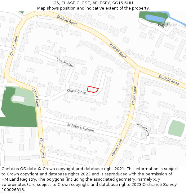 25, CHASE CLOSE, ARLESEY, SG15 6UU: Location map and indicative extent of plot