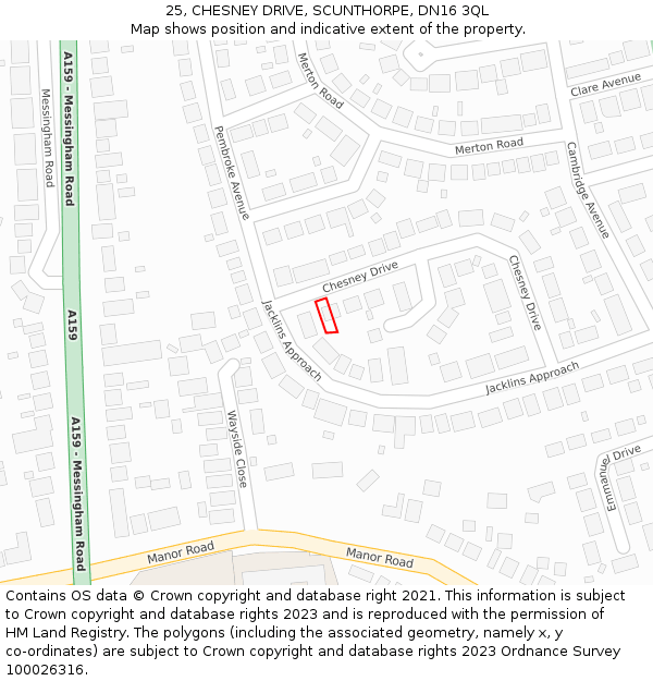 25, CHESNEY DRIVE, SCUNTHORPE, DN16 3QL: Location map and indicative extent of plot