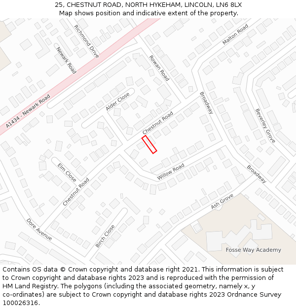 25, CHESTNUT ROAD, NORTH HYKEHAM, LINCOLN, LN6 8LX: Location map and indicative extent of plot