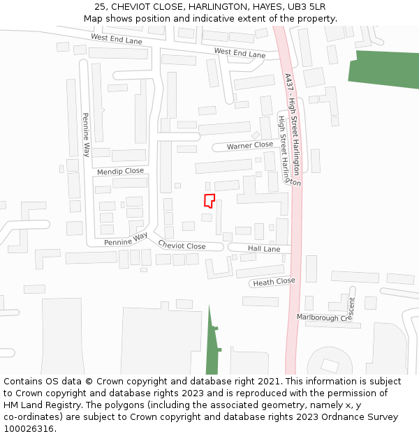 25, CHEVIOT CLOSE, HARLINGTON, HAYES, UB3 5LR: Location map and indicative extent of plot