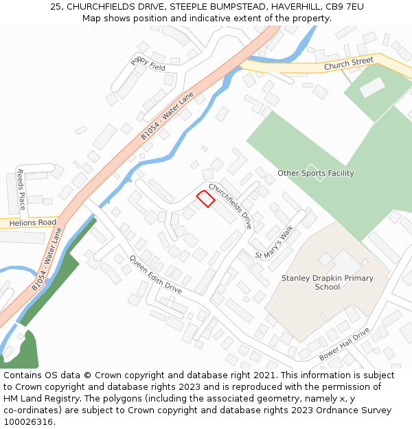 25, CHURCHFIELDS DRIVE, STEEPLE BUMPSTEAD, HAVERHILL, CB9 7EU: Location map and indicative extent of plot