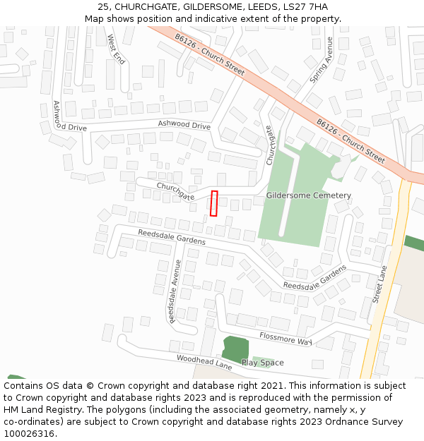 25, CHURCHGATE, GILDERSOME, LEEDS, LS27 7HA: Location map and indicative extent of plot