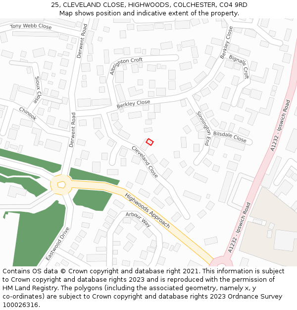 25, CLEVELAND CLOSE, HIGHWOODS, COLCHESTER, CO4 9RD: Location map and indicative extent of plot