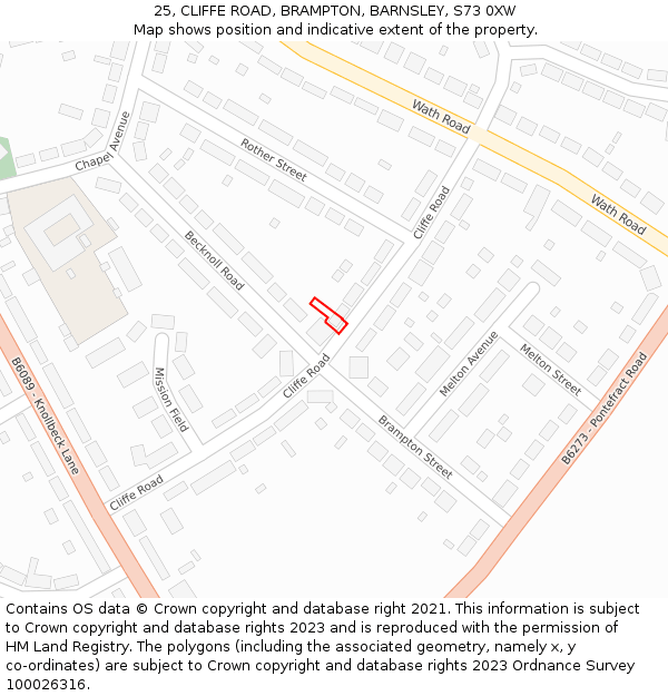 25, CLIFFE ROAD, BRAMPTON, BARNSLEY, S73 0XW: Location map and indicative extent of plot